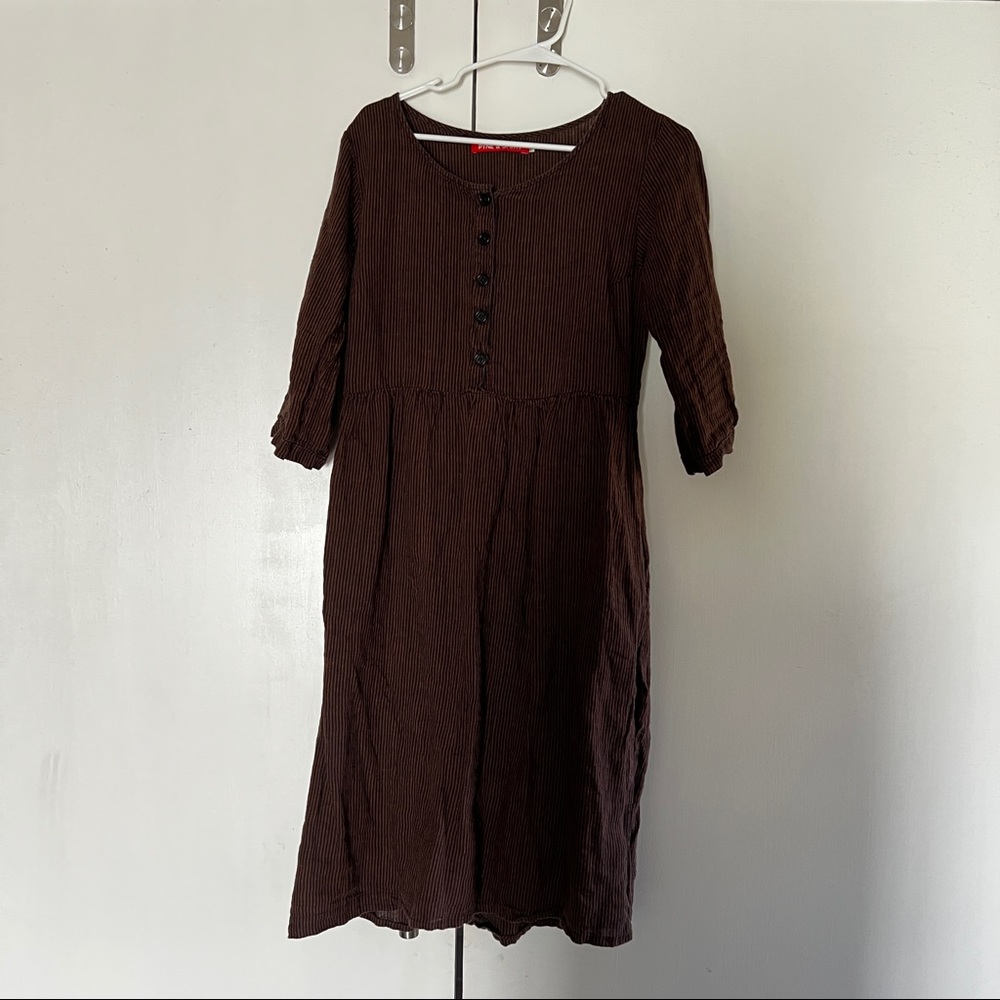 Pyne and Smith Model 12 Gingerbread Stripe Linen, midi dress, medium